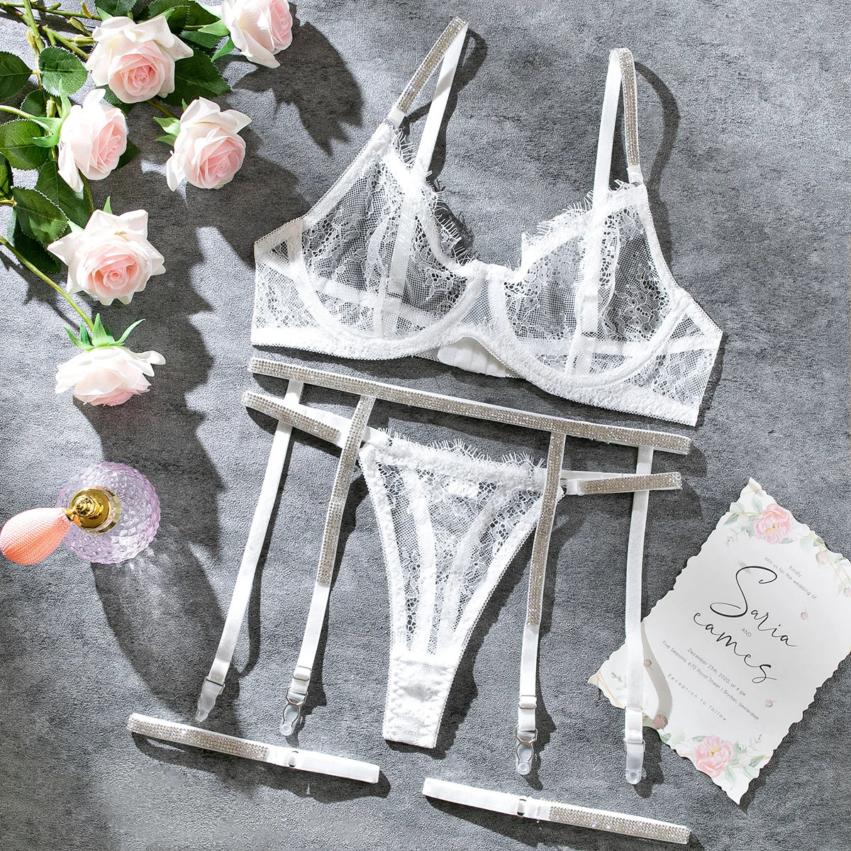 Conjunto Lingerie Angel com Cinta liga - Frete Grátis
