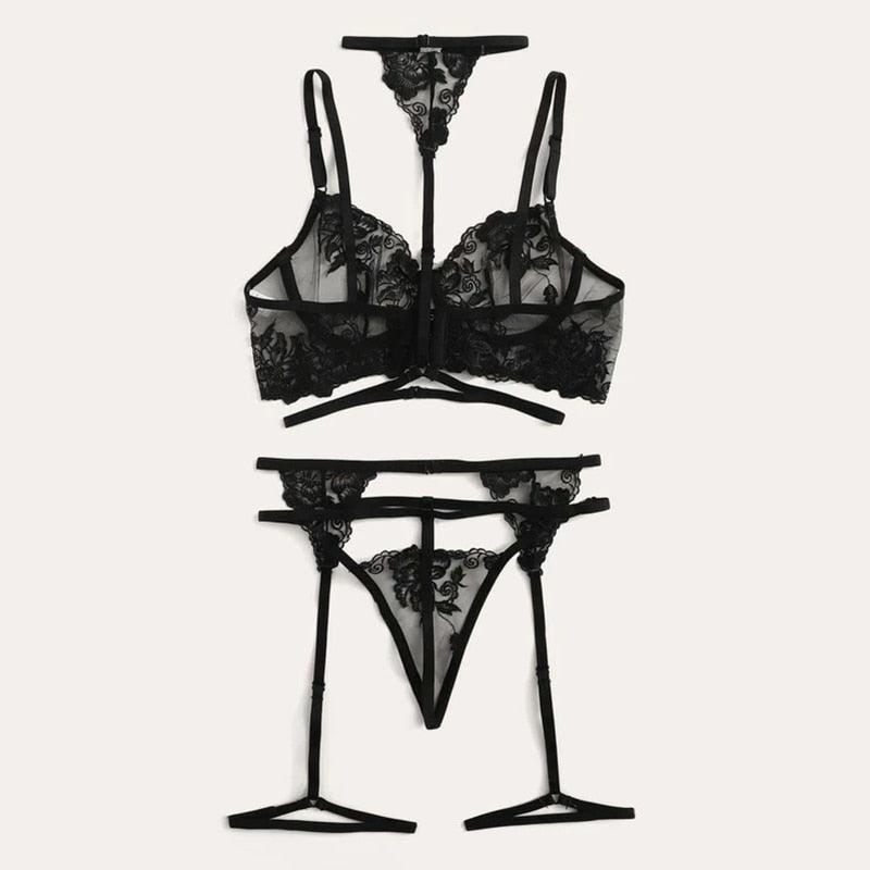 Conjunto Lingerie Black Desire com Cinta liga Rendada - Frete Grátis - Carnelian