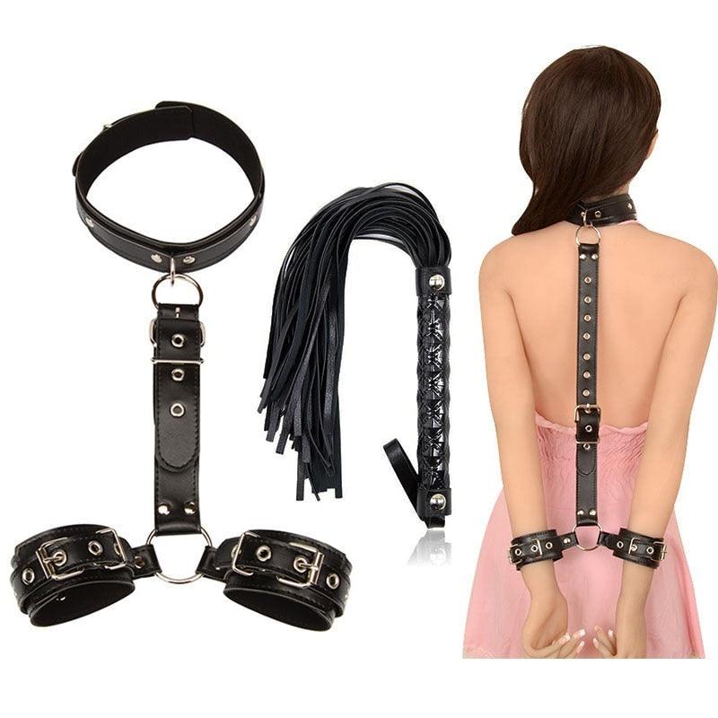 Algema de Contenção com coleira e Chicote Bondage BDSM de Couro - Frete Grátis - Carnelian
