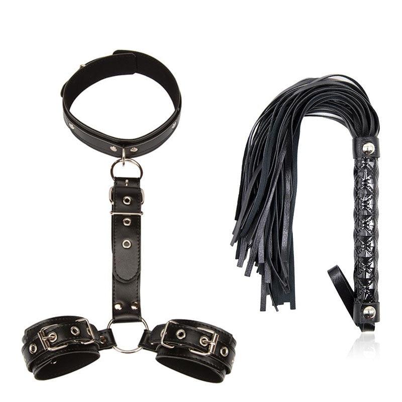 Algema de Contenção com coleira e Chicote Bondage BDSM de Couro - Frete Grátis - Carnelian