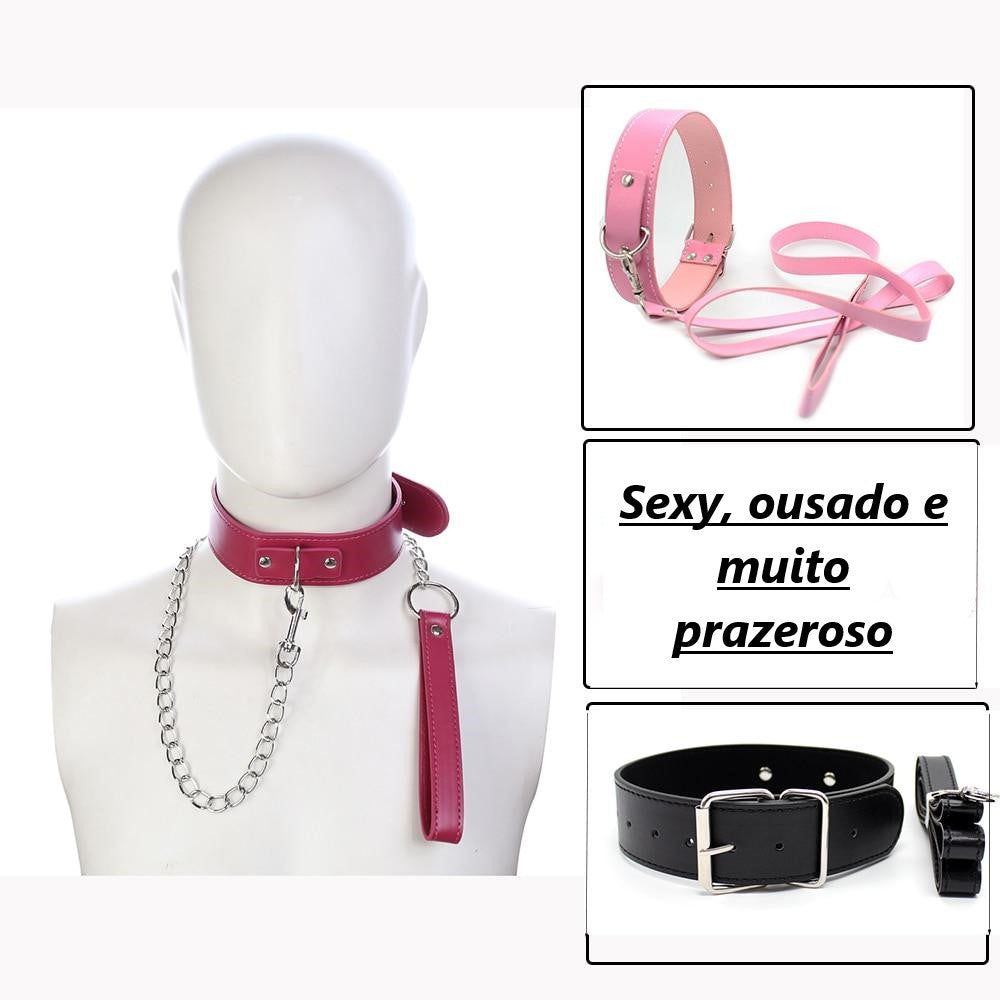 Coleira com guia em couro BDSM - Frete Grátis