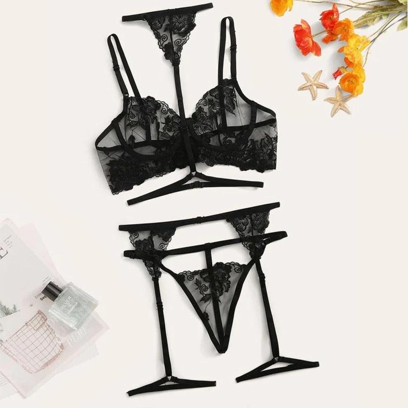 Conjunto Lingerie Black Desire com Cinta liga Rendada - Frete Grátis - Carnelian
