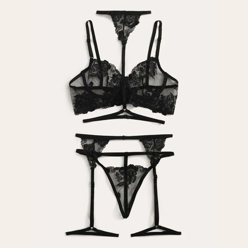 Conjunto Lingerie Black Desire com Cinta liga Rendada - Frete Grátis - Carnelian